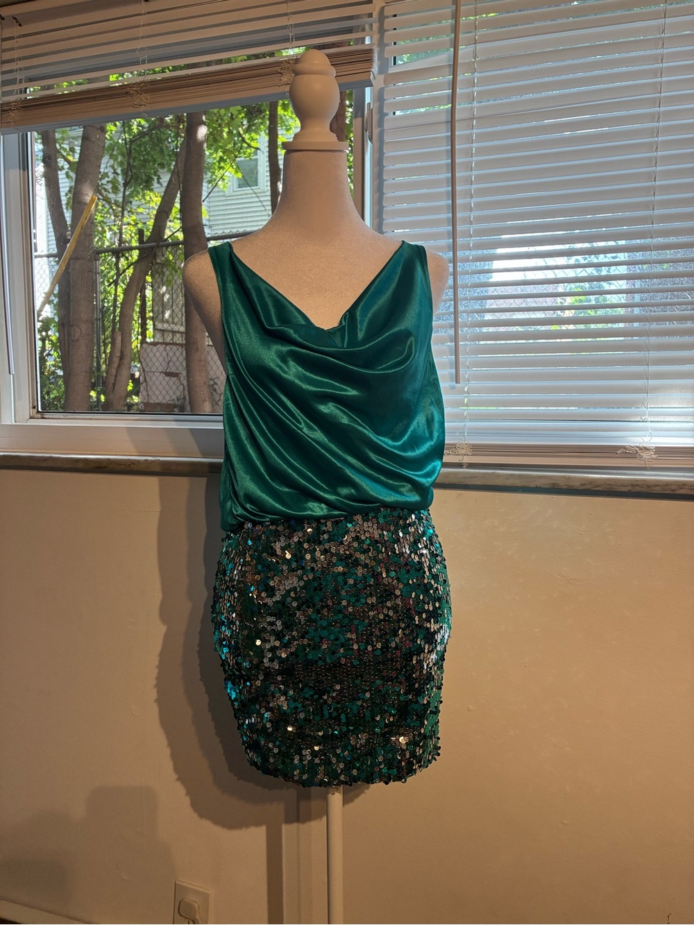 City Triangles Teal Satin Cowl Neck Mini Dress with Sequin Skirt